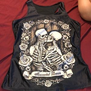 Black and white silk tank top with skeletons and flowers